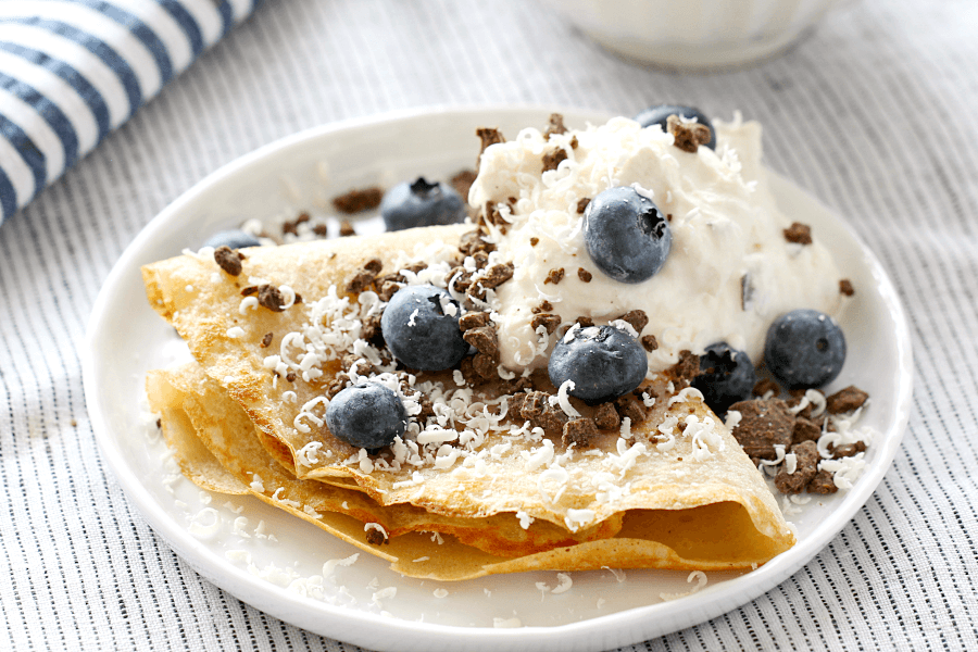 Espresso Crepe, Sour Whip Cream, Blueberries, White Chocolate