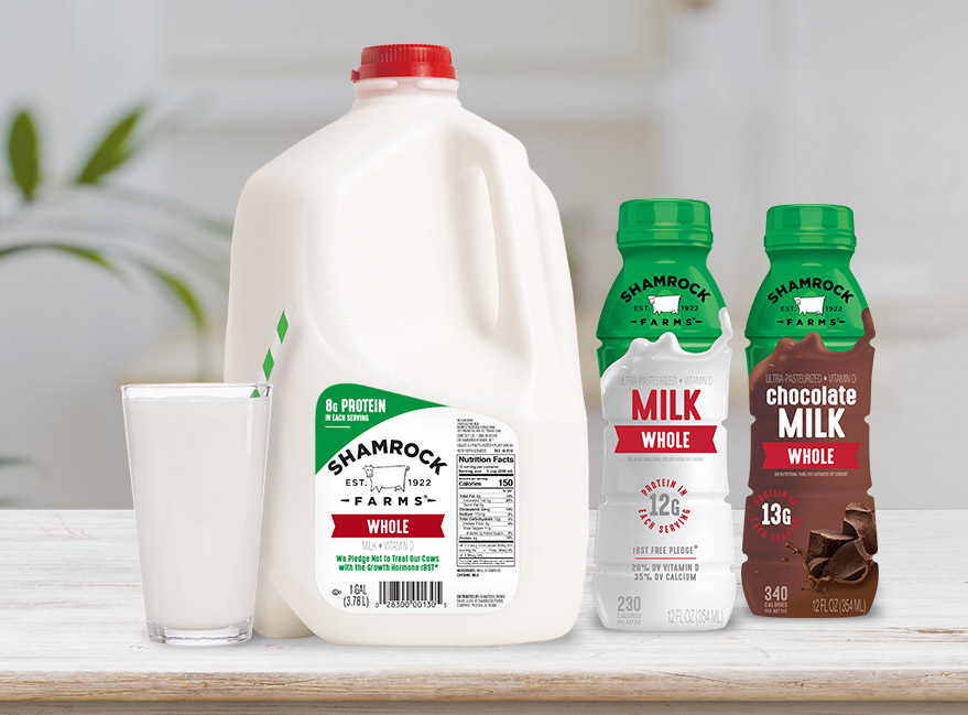 Shamrock Farms gallon of milk and individual milk sizes