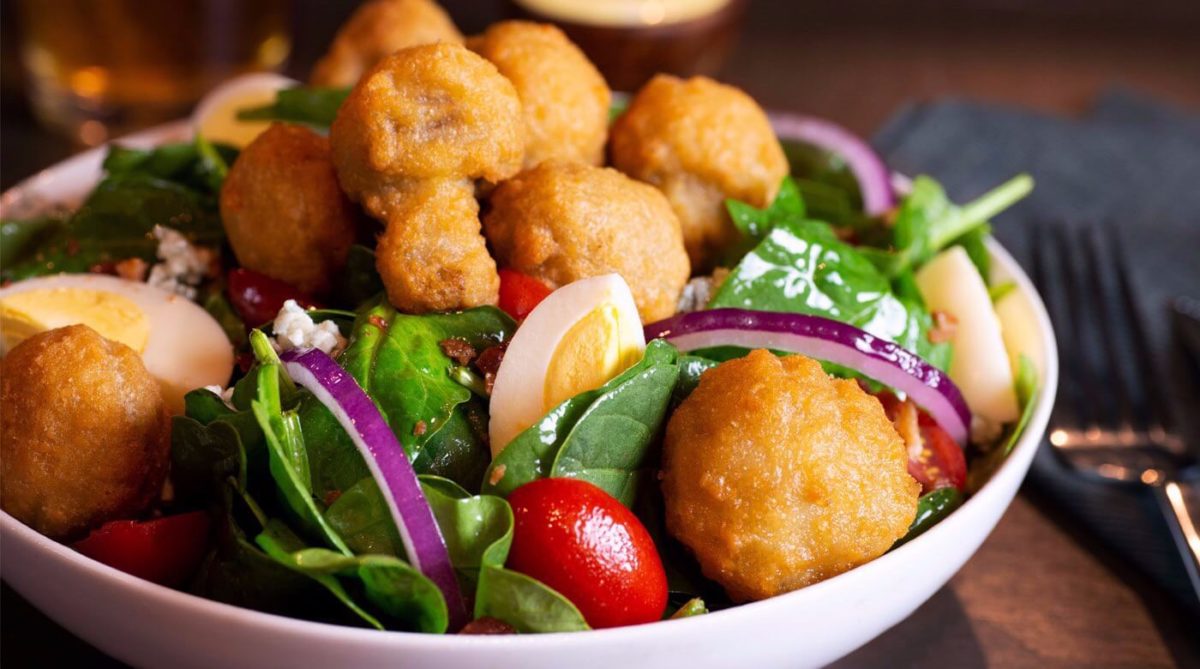 Battered Mushrooms Spinach Salad