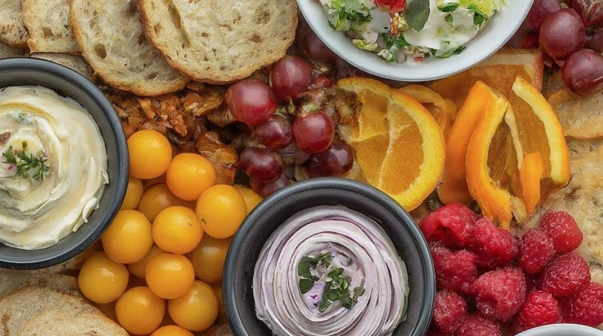 whipped and flavored seasoned butter on a board with fruits and breads